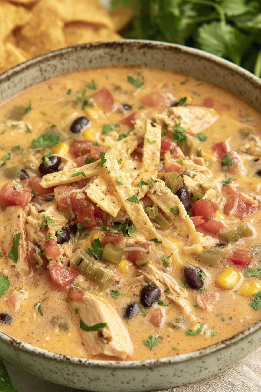 A bowl of chicken tortilla soup with a spoon in it.