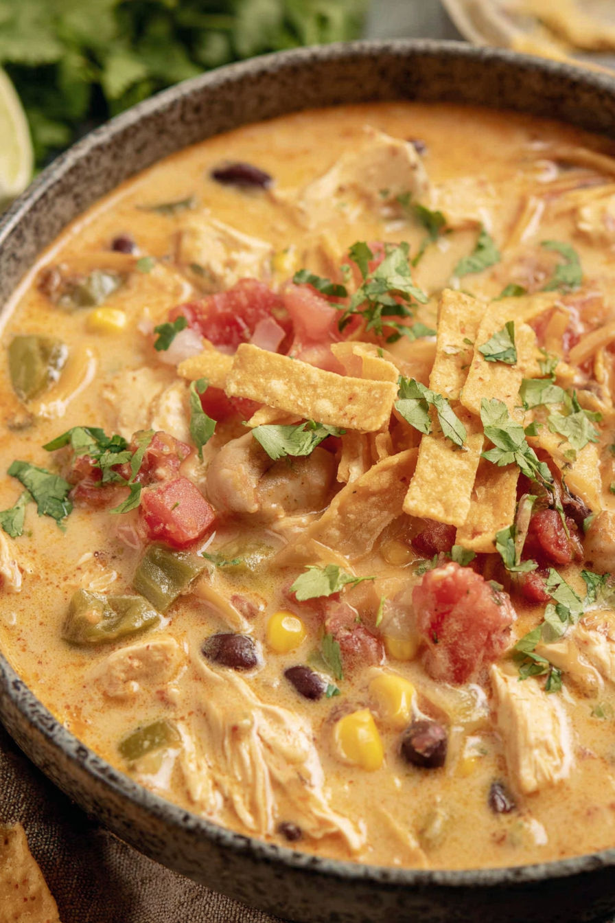 A bowl of chicken tortilla soup with chips on top.