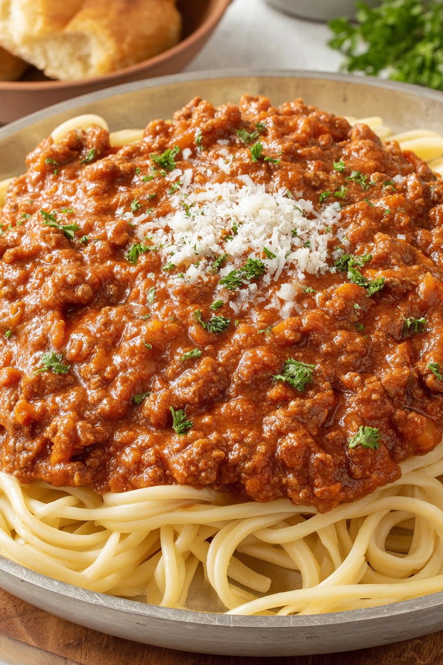 A plate of spaghetti with Bolognese sauce.