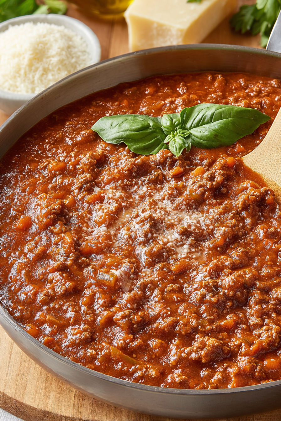 A bowl of bolognese sauce with a spoon in it.