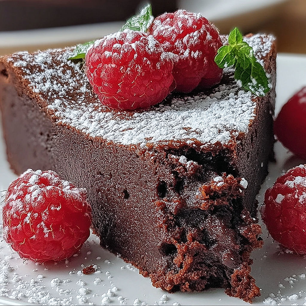 A slice of flourless chocolate cake with raspberries on top.