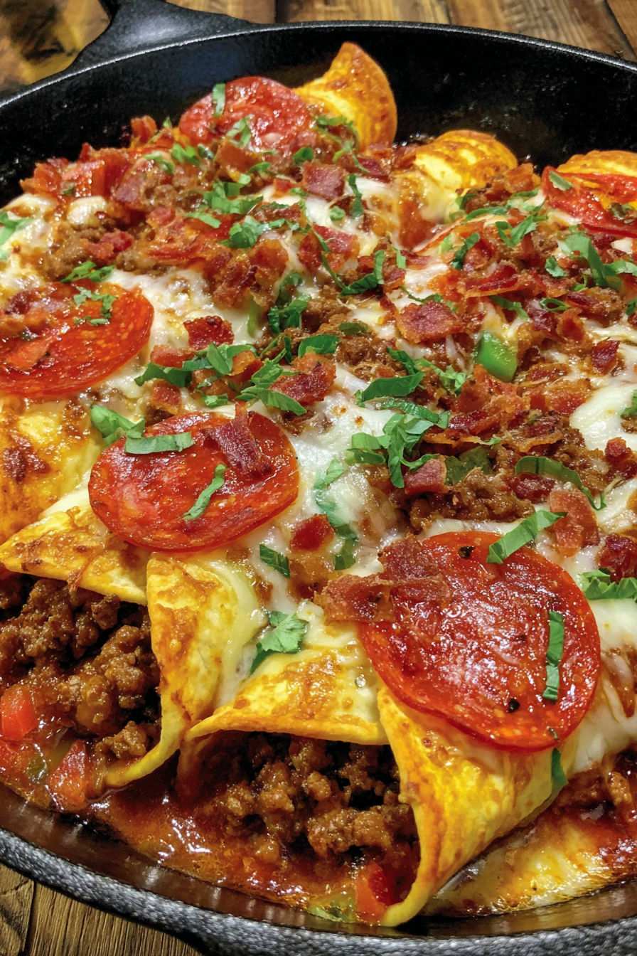 A pizza with ground beef and peppers.
