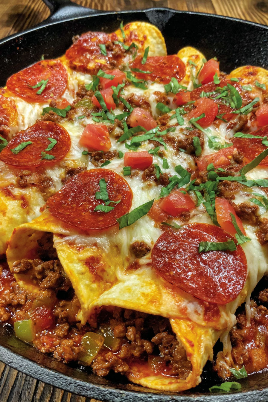 A pizza with pepperoni and tomatoes.