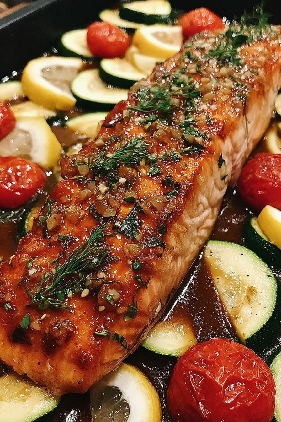 A piece of salmon with honey garlic sauce and veggies.