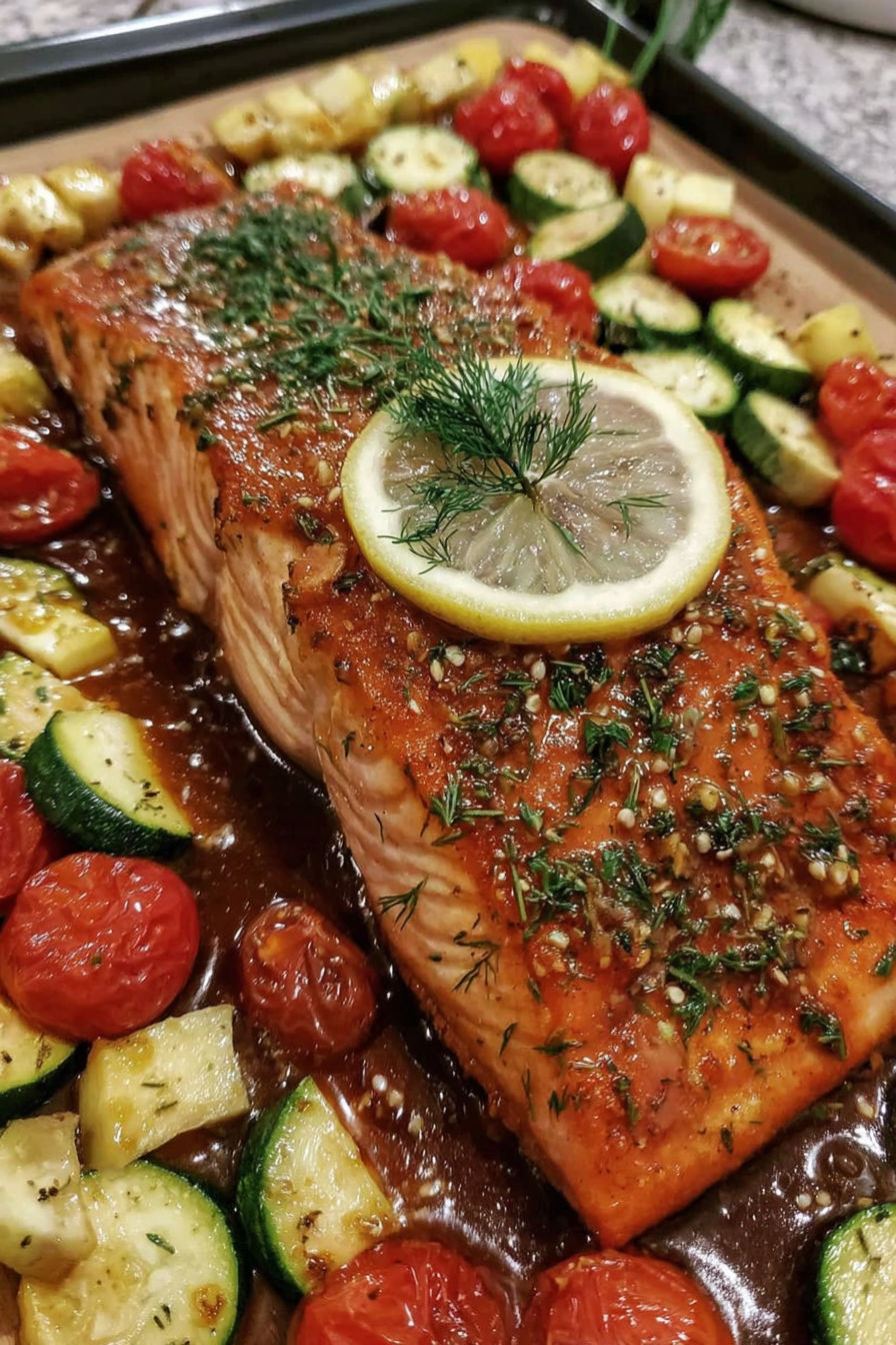 A salmon fillet with lemon and herbs on top.