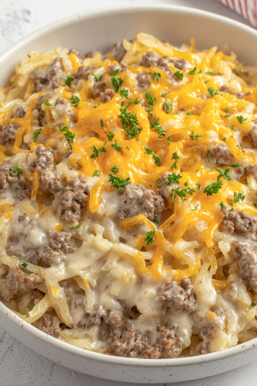 A close up of a Hamburger Hashbrown Casserole.