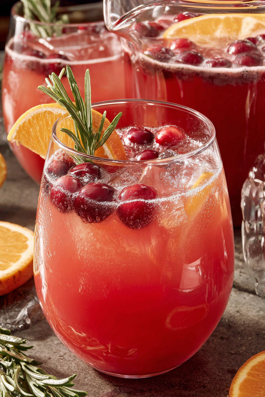 A glass of Christmas Morning Punch with a slice of orange.