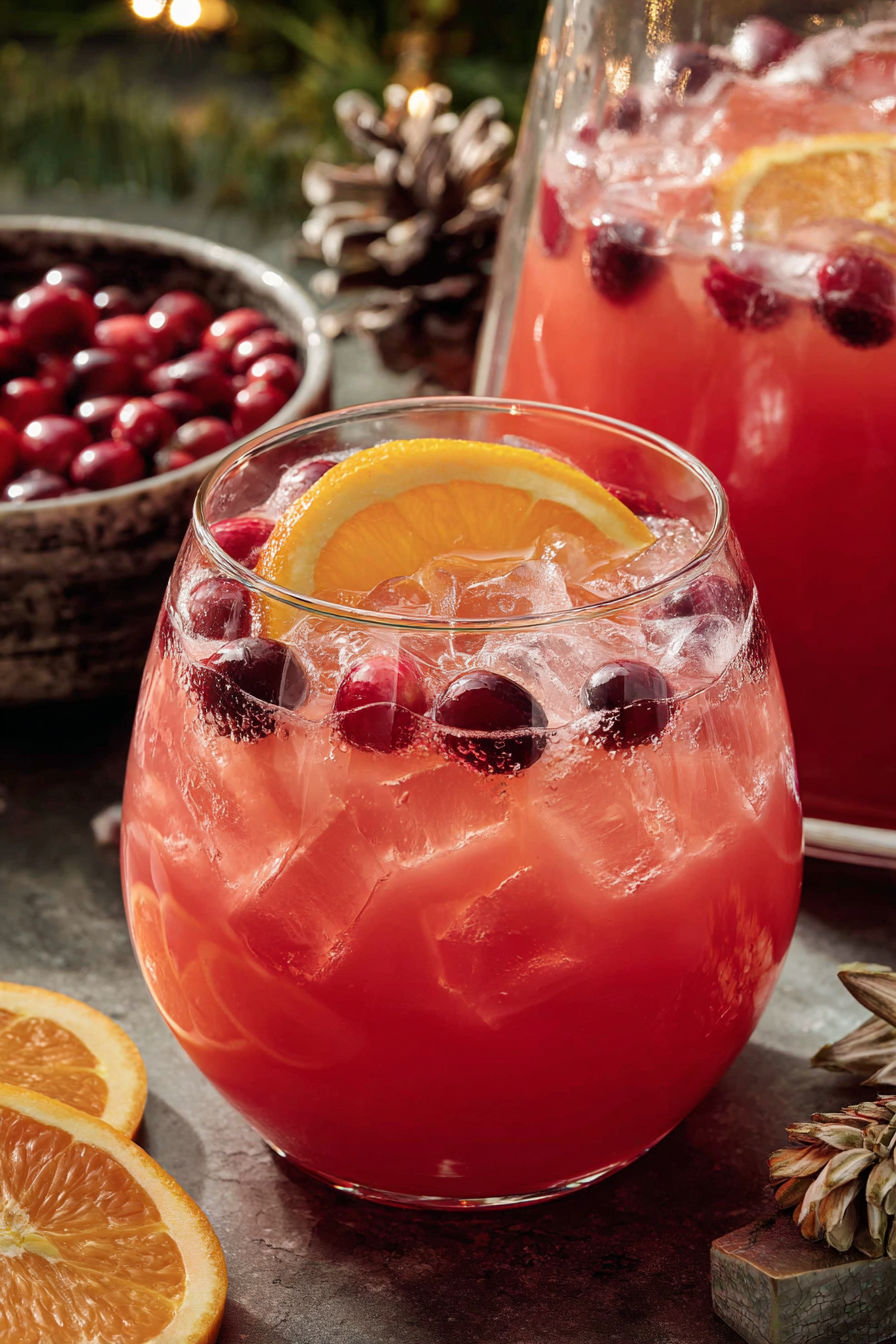 A glass of Christmas Morning Punch with a slice of orange on top.