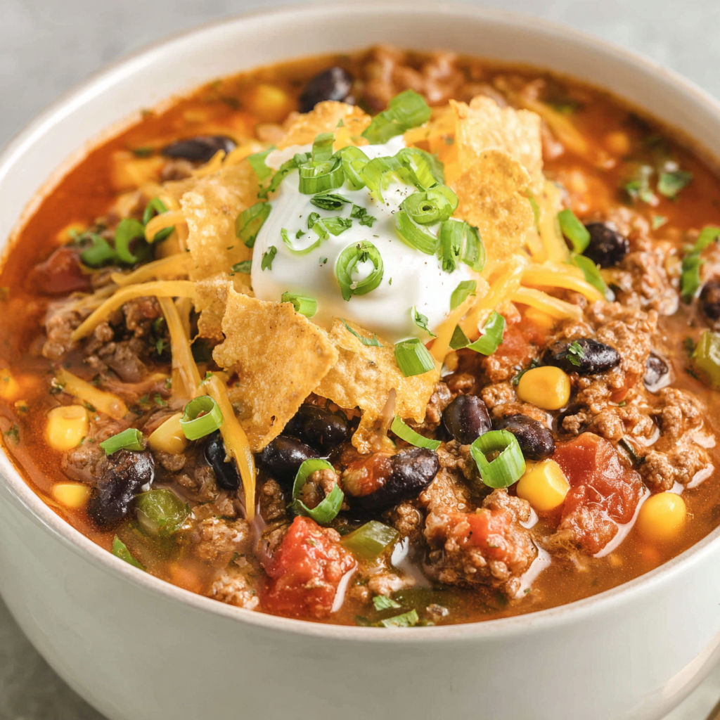 A bowl of soup with chips on top.
