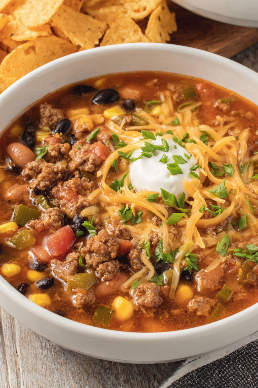 A bowl of soup with meat and vegetables.