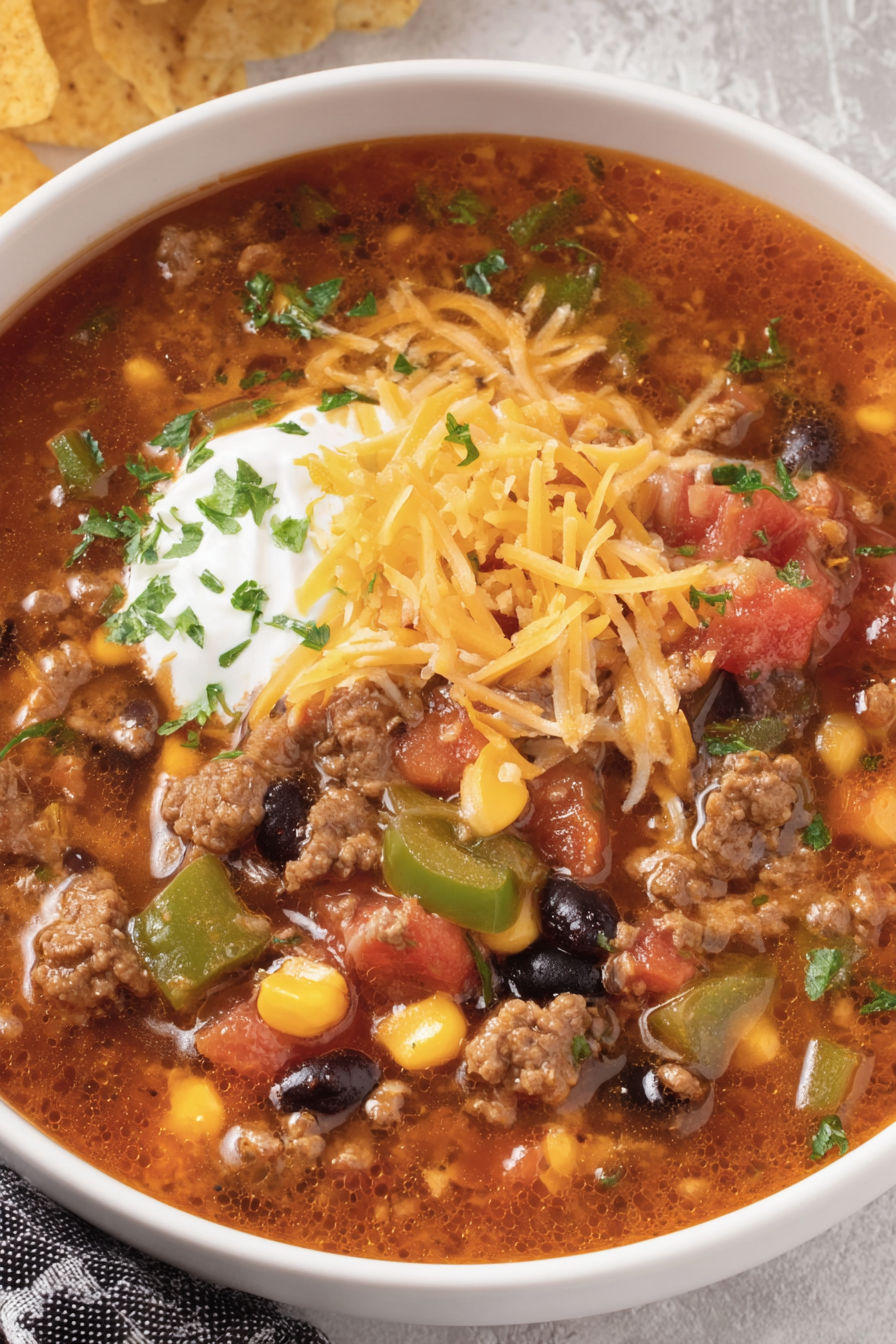 A bowl of soup with chips and cheese on top.