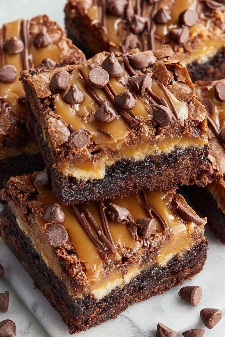 A close up of a caramel brownies.