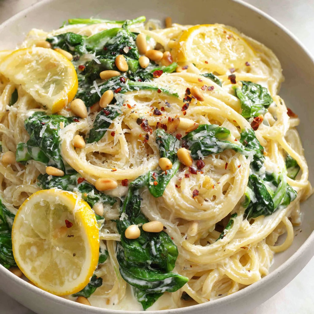 A bowl of pasta with spinach and toasted pine nuts.