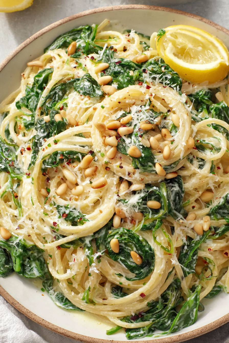 A bowl of pasta with spinach and toasted pine nuts.