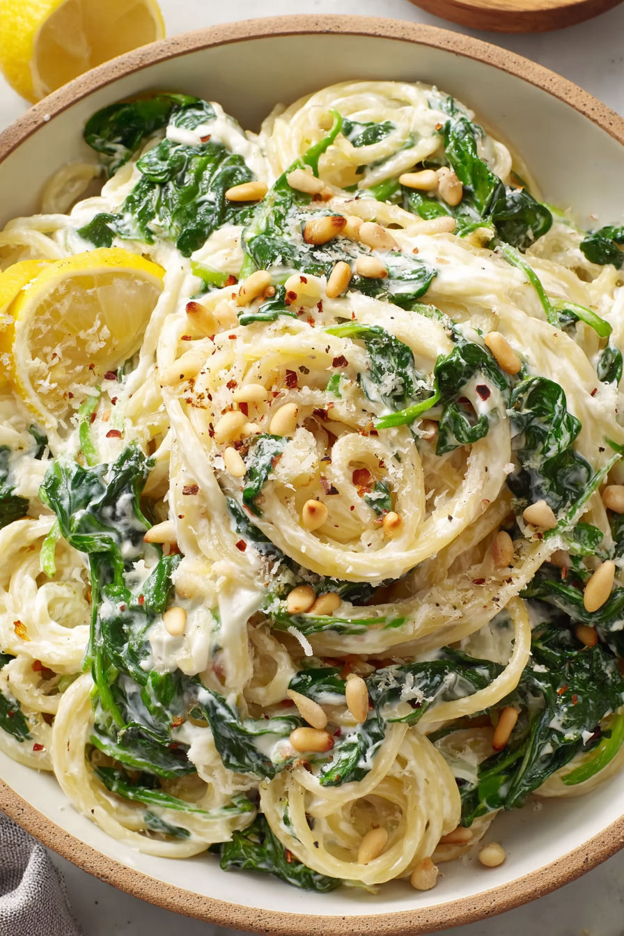 A bowl of pasta with spinach and toasted pine nuts.