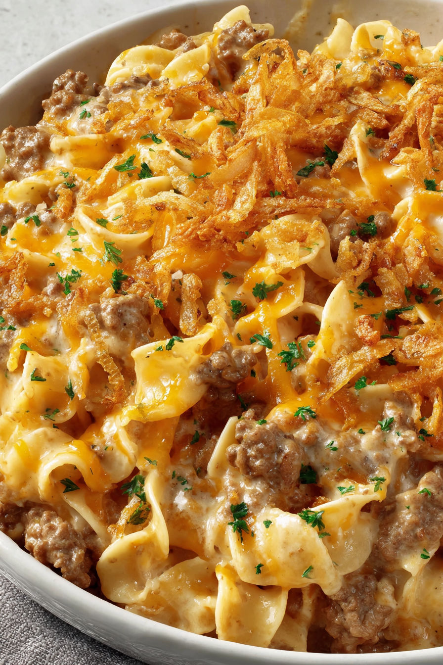 A delicious cheesy beef and noodle casserole with crispy french onions.