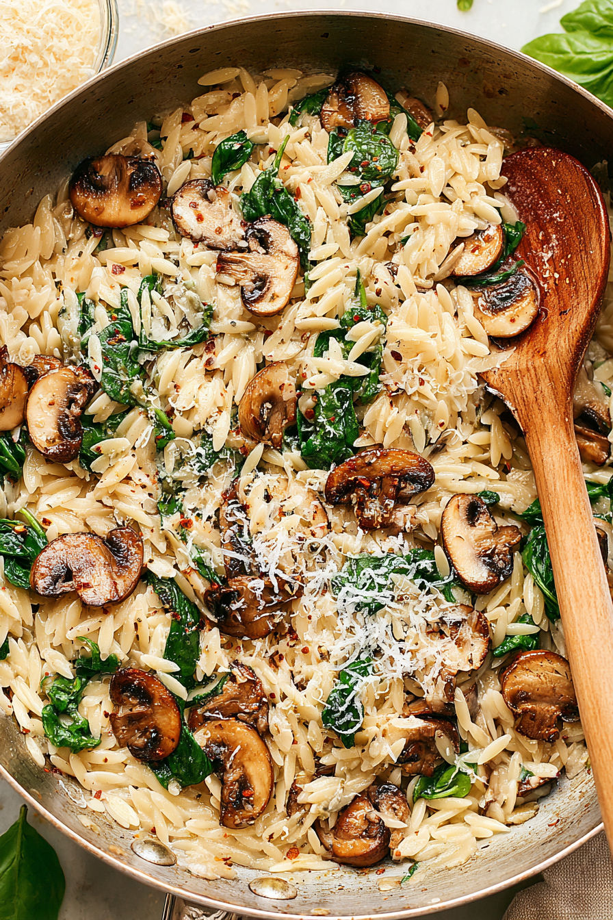 A dish of creamy garlic mushroom orzo.