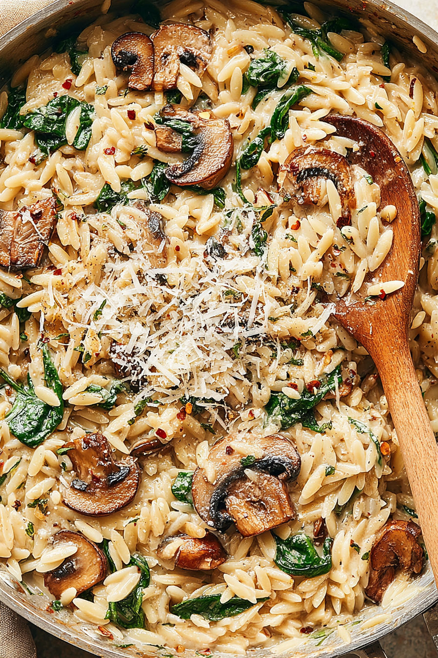A close up of a dish with rice, mushrooms, and cheese.