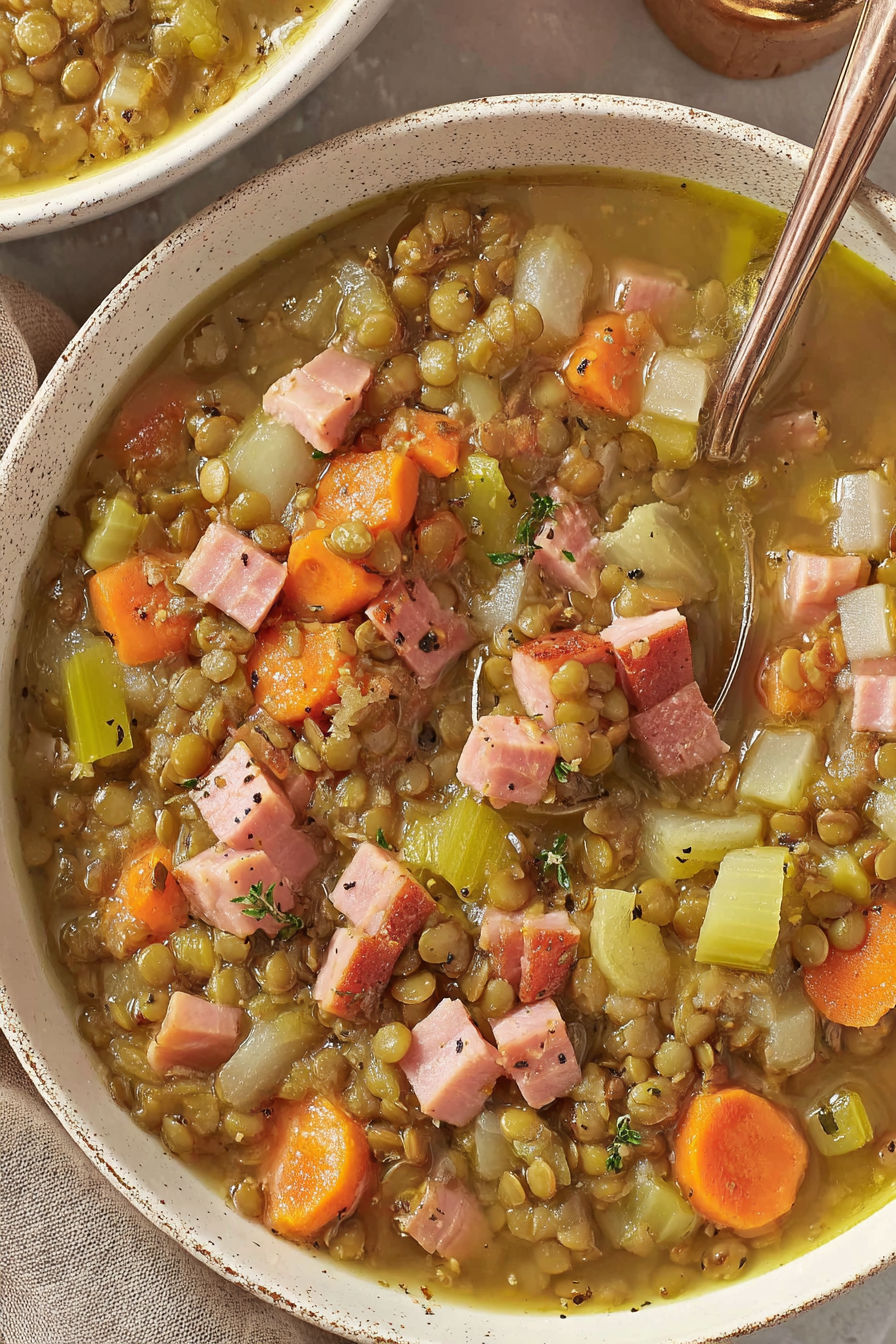 A bowl of lentil ham soup with a spoon in it.