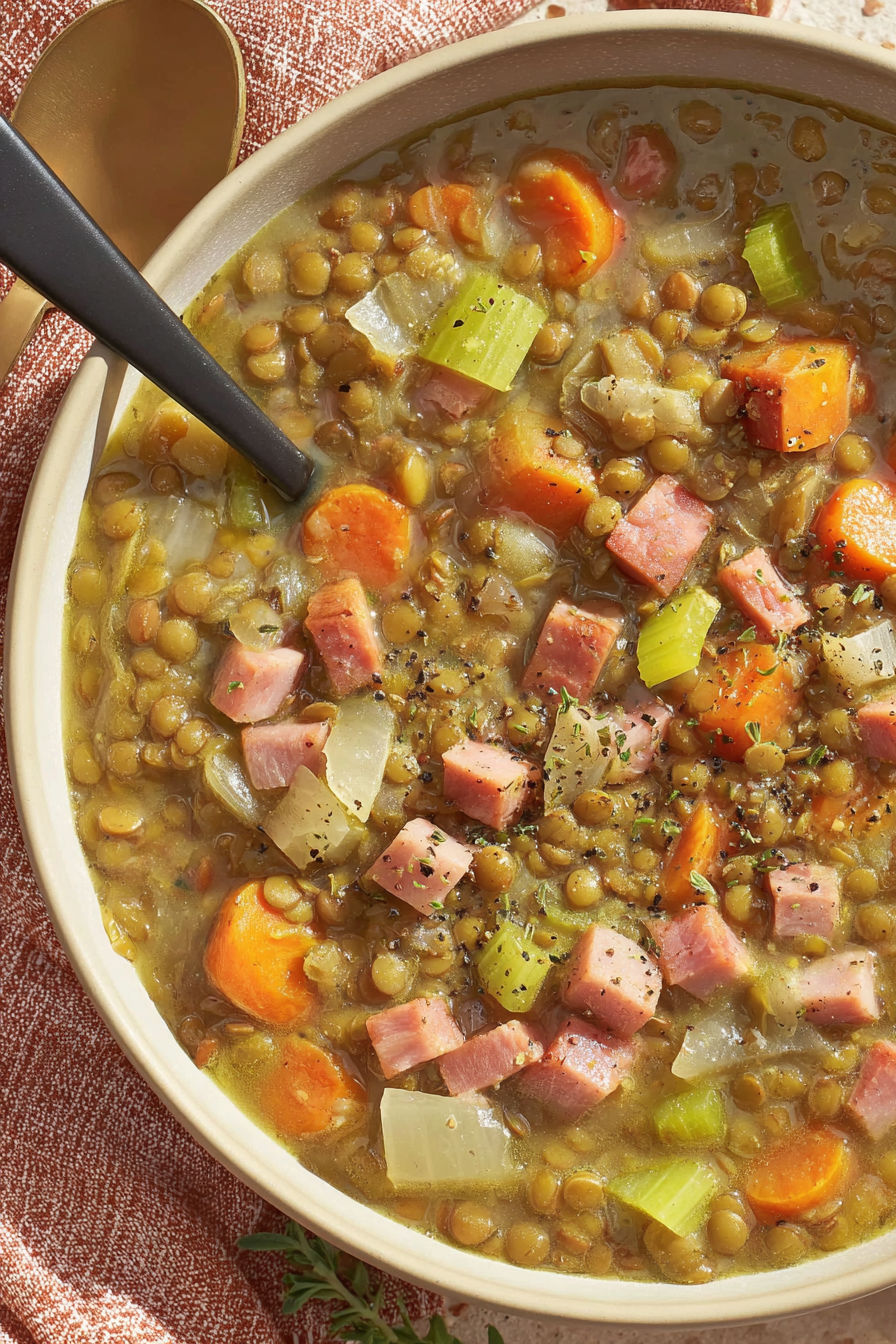 A bowl of lentil ham soup.