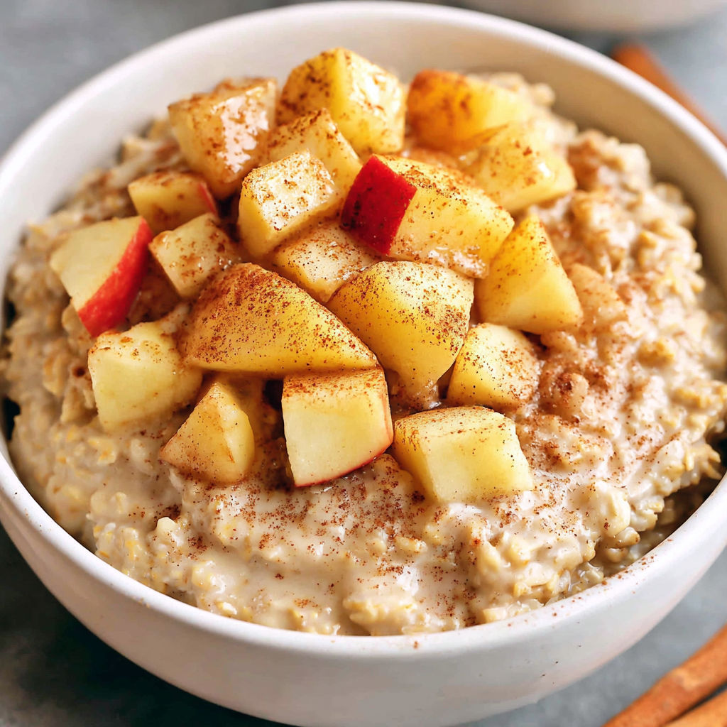 A bowl of oatmeal with apples and cinnamon.