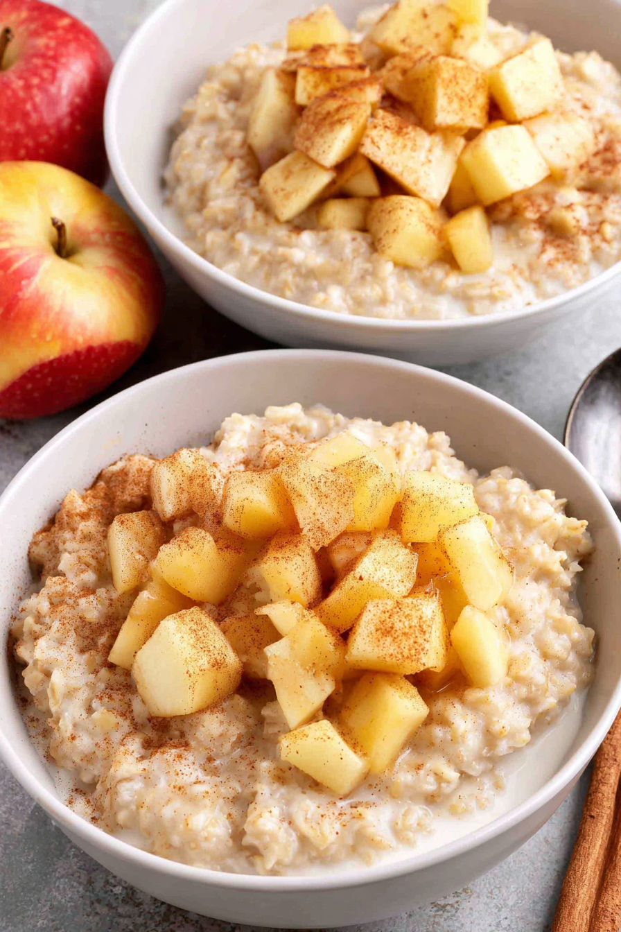 A bowl of oatmeal with apple slices on top.