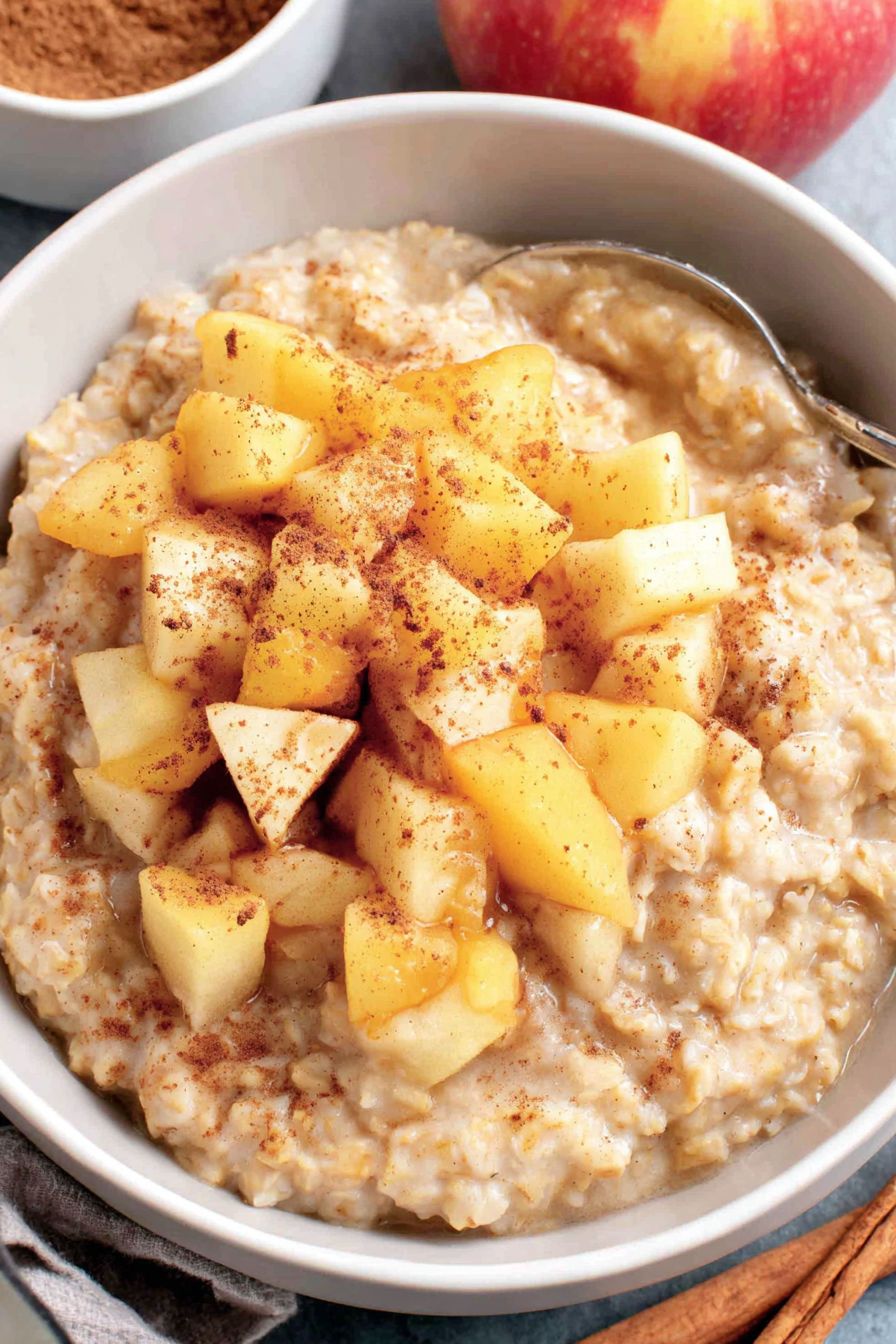 A bowl of oatmeal with apple and cinnamon.