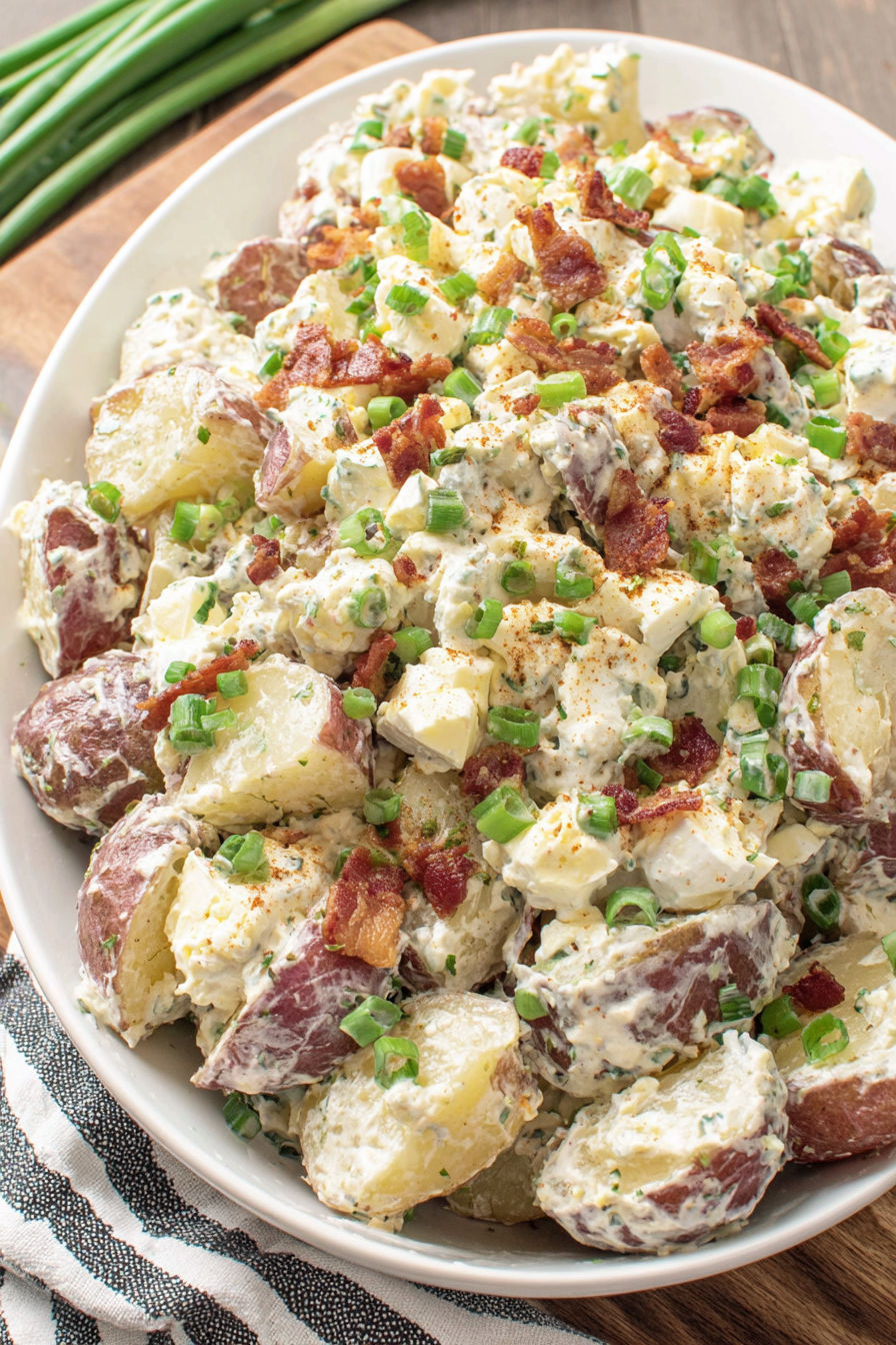 A white bowl filled with roasted potatoes and bacon.