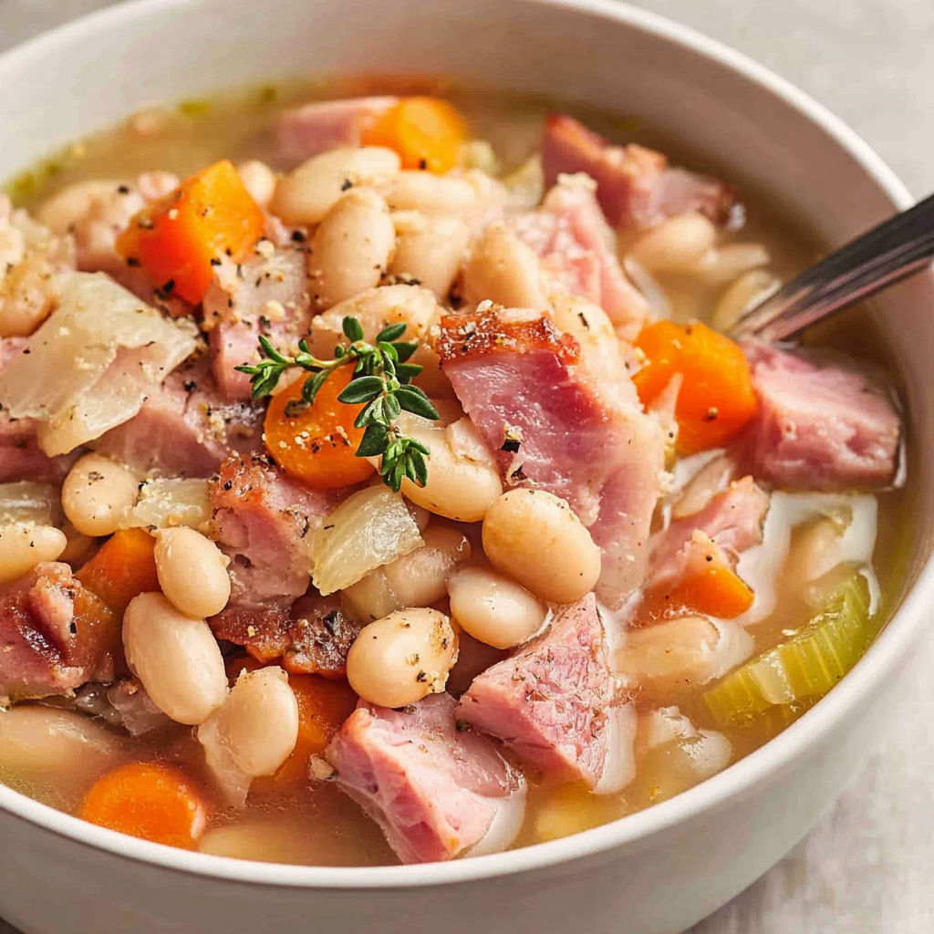 A bowl of soup with ham and beans.