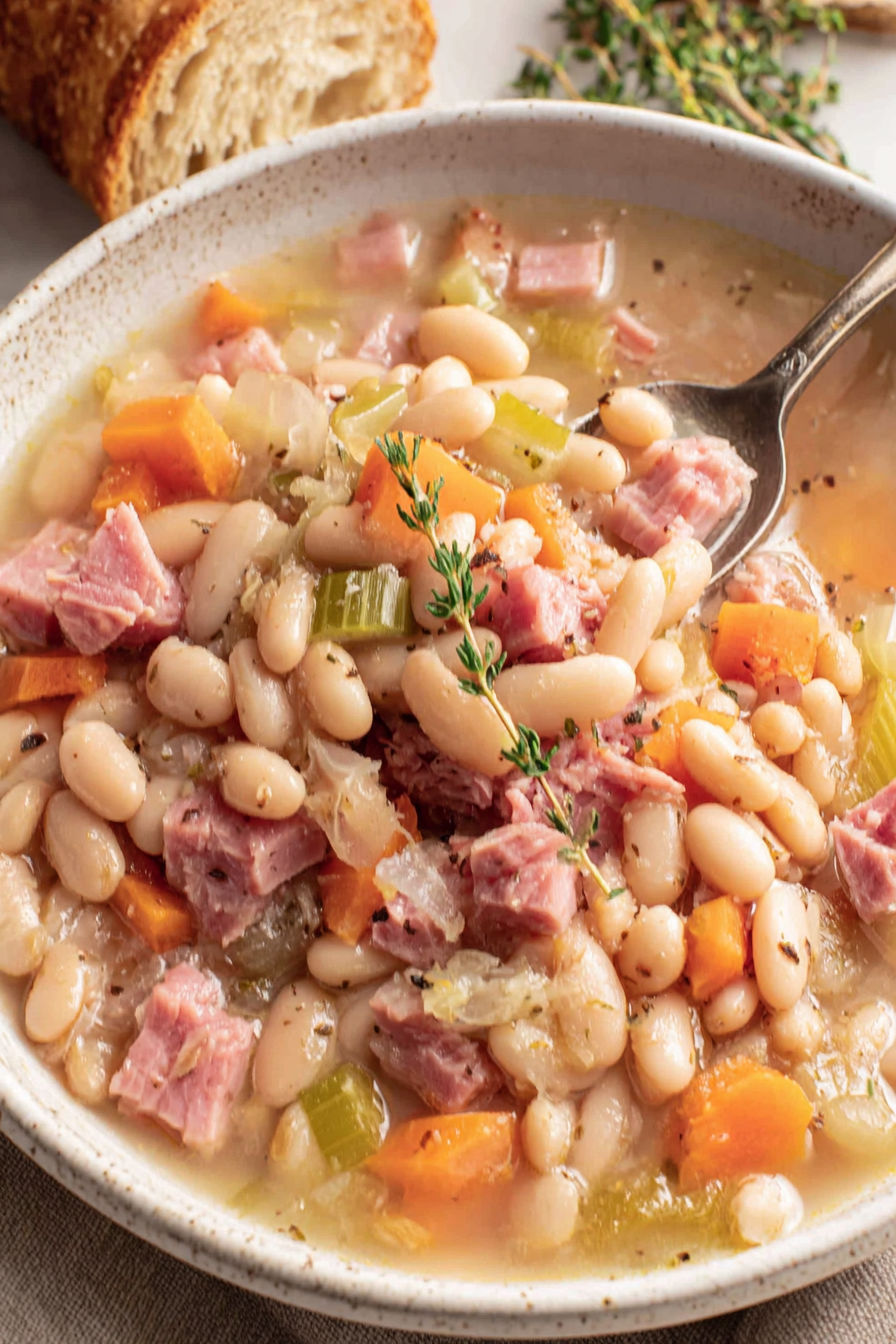 A bowl of soup with meat and beans.