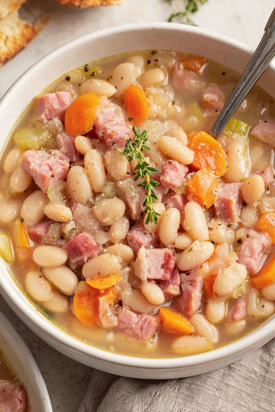 A bowl of soup with meat and beans.