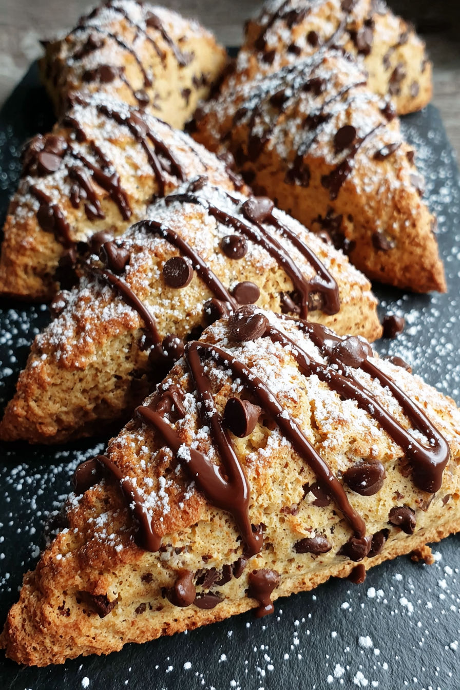 Three scones with chocolate chips and drizzled with chocolate sauce.