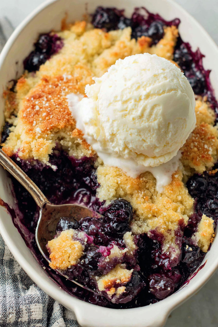 A bowl of blueberry cobbler with a scoop of ice cream on top.