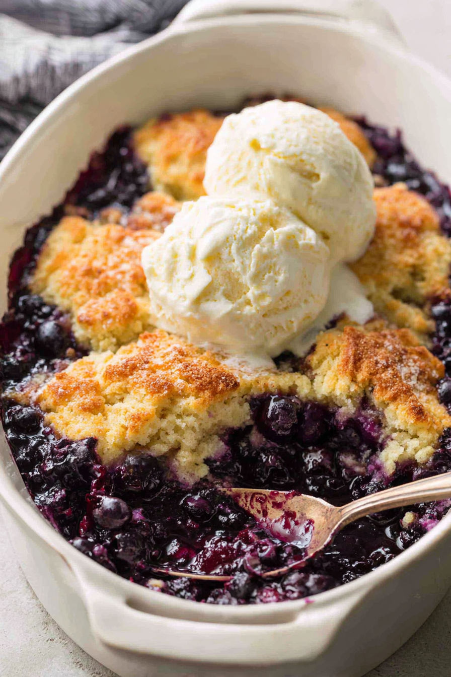 A bowl of blueberry cobbler with a scoop of ice cream on top.
