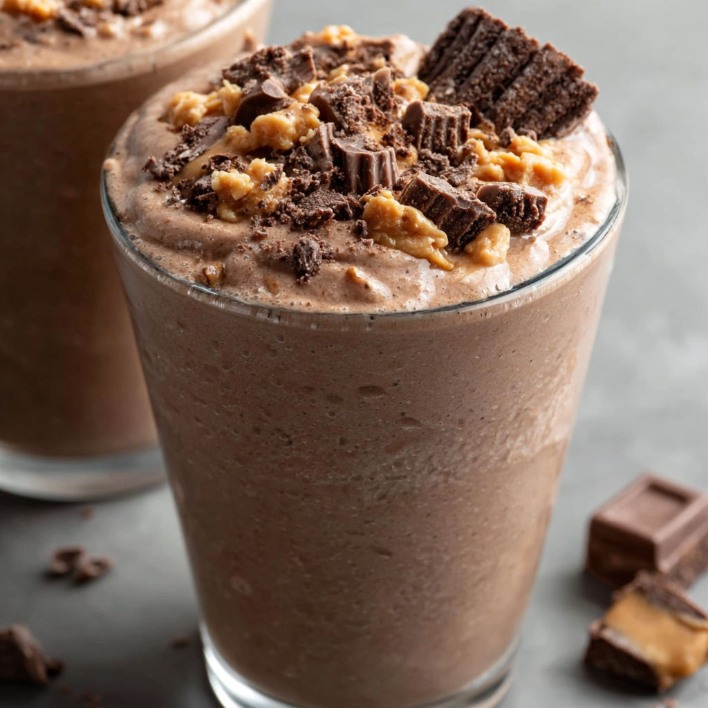 A glass of peanut butter cup smoothie.