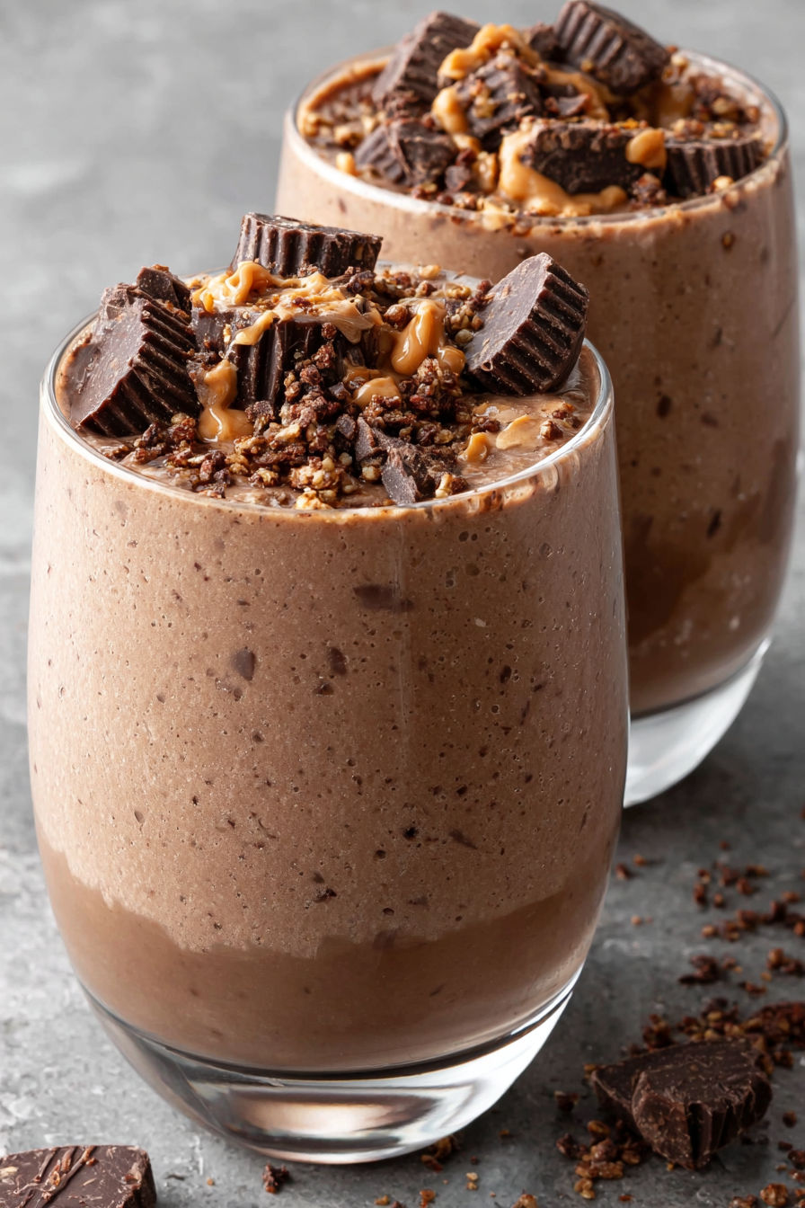 Two glasses of peanut butter cup smoothie.