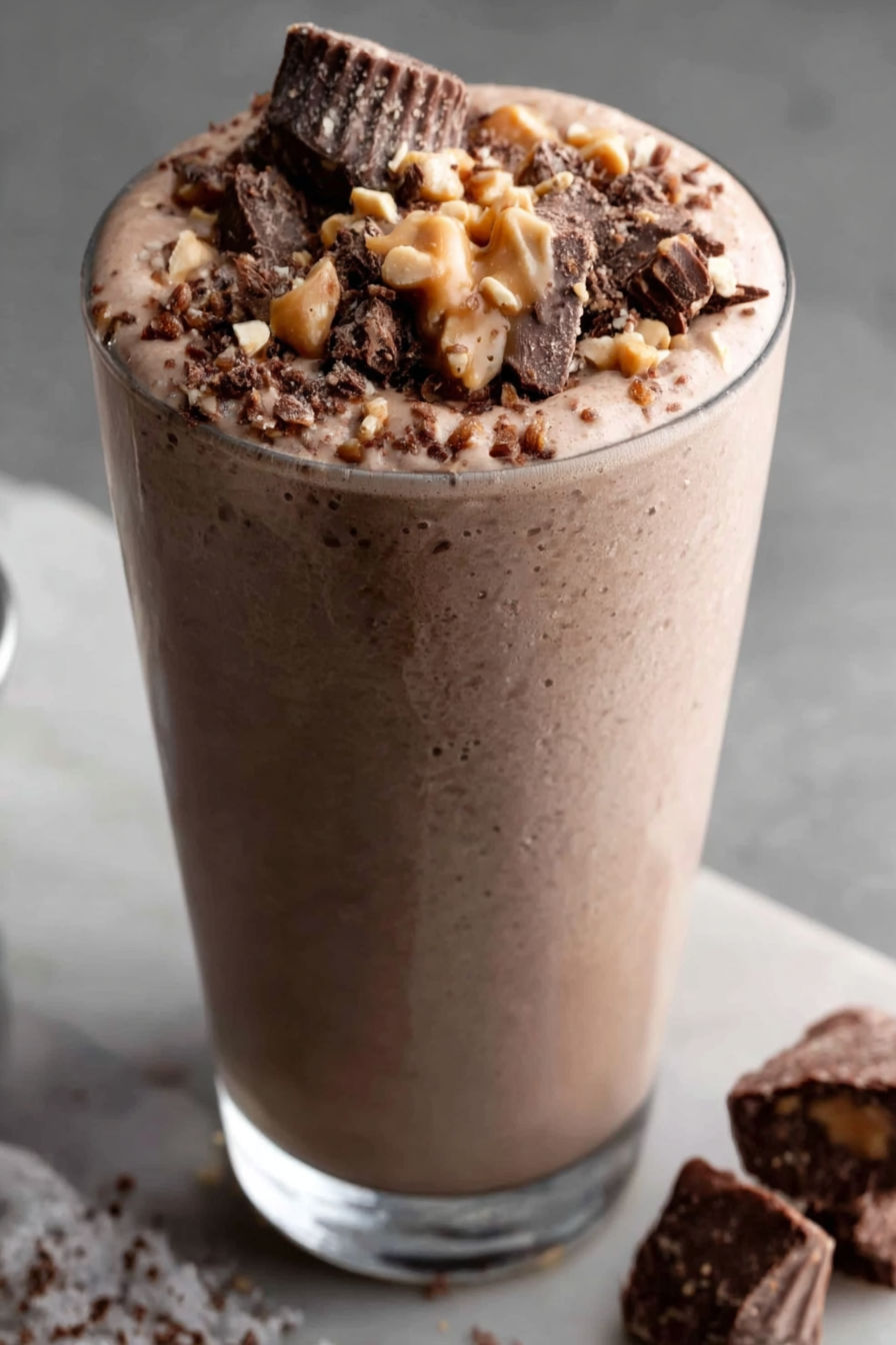 A glass of a peanut butter cup smoothie.
