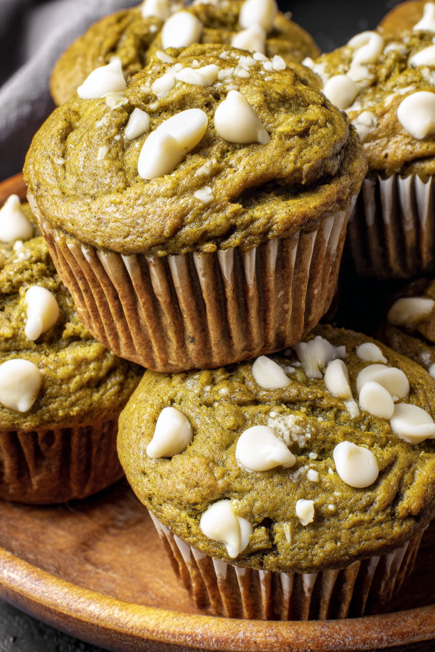 A stack of muffins with white chocolate and pumpkin.