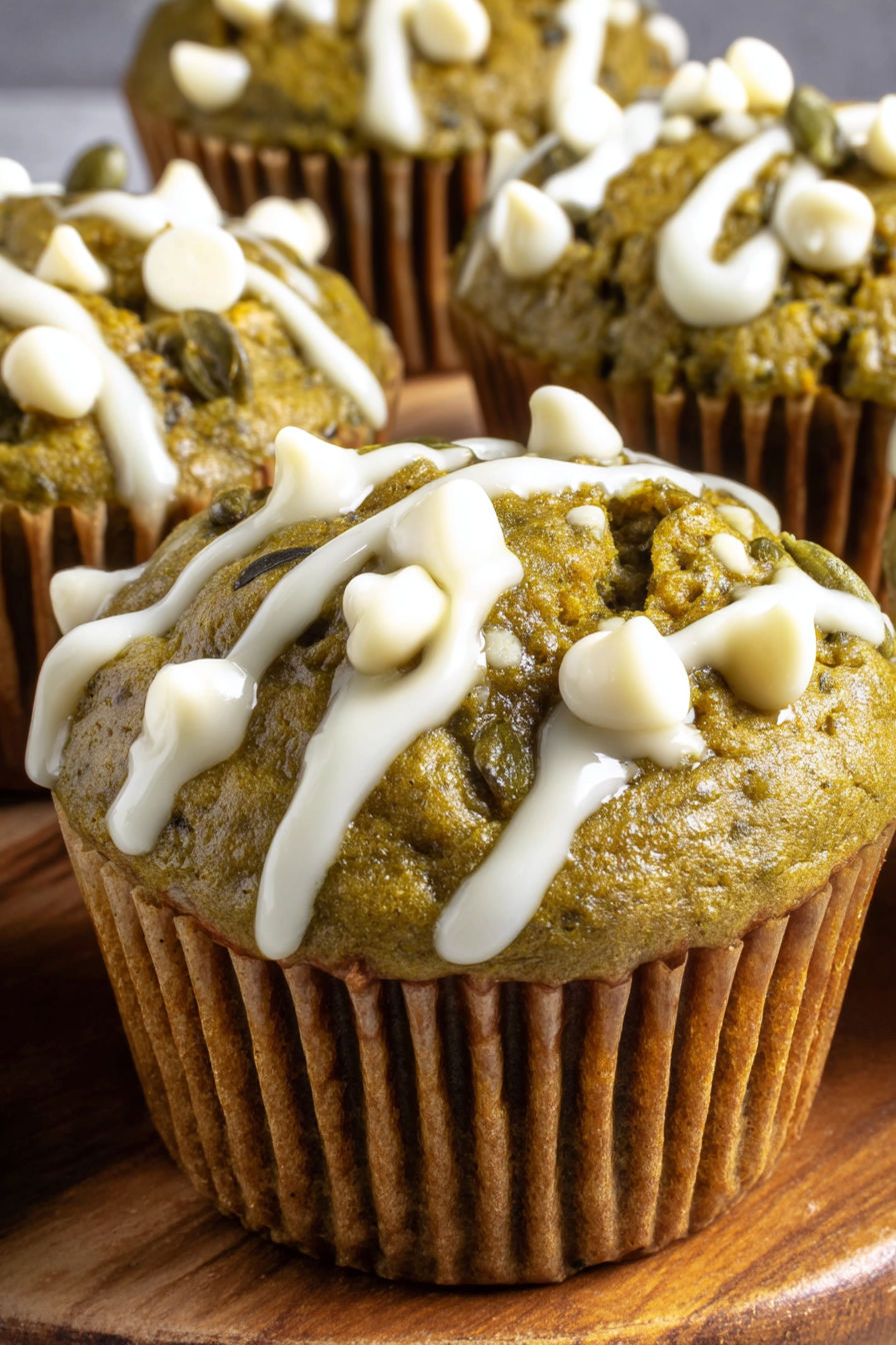 A muffin with white icing and pumpkin.