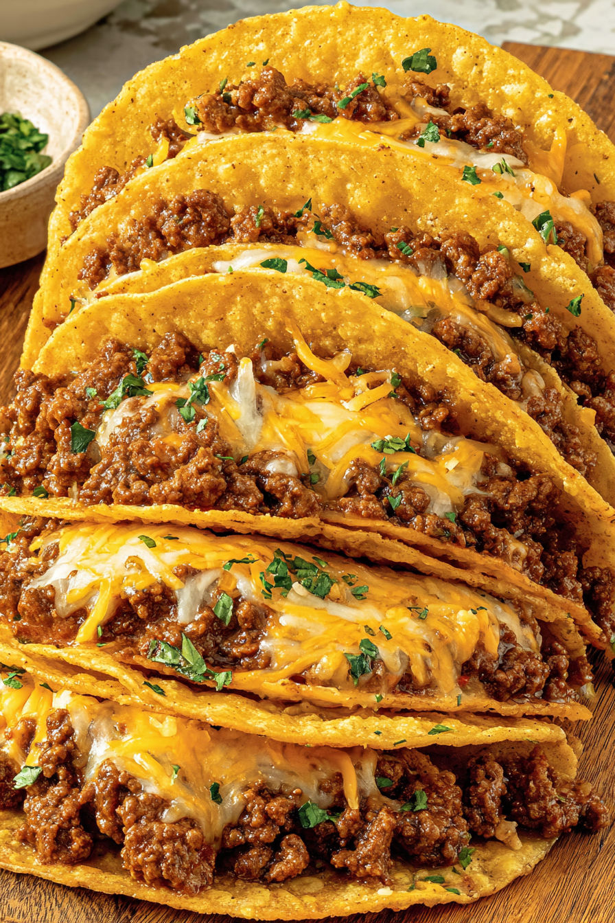 A stack of baked tacos with cheese and meat.