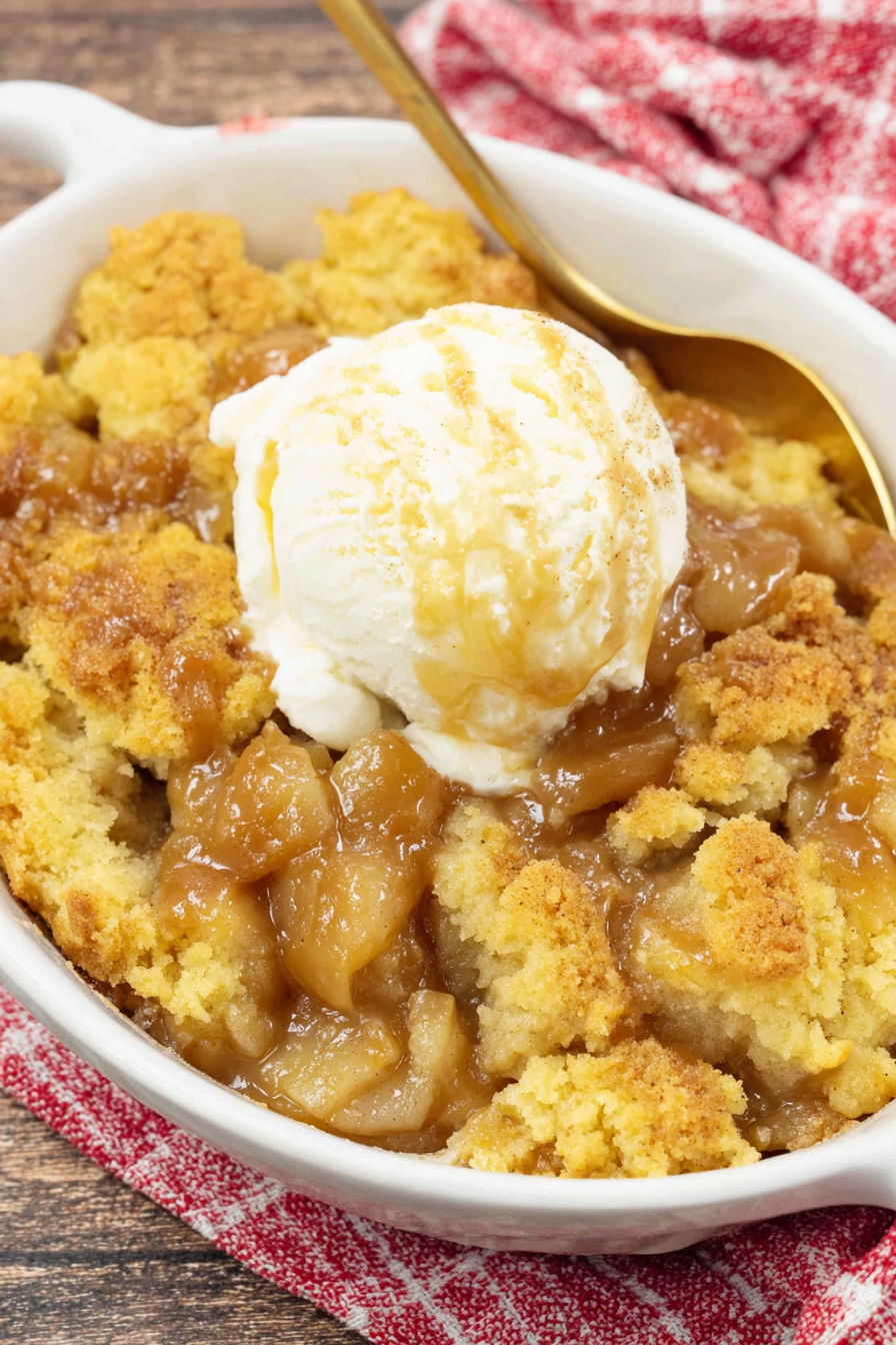A bowl of caramel apple dump cake.