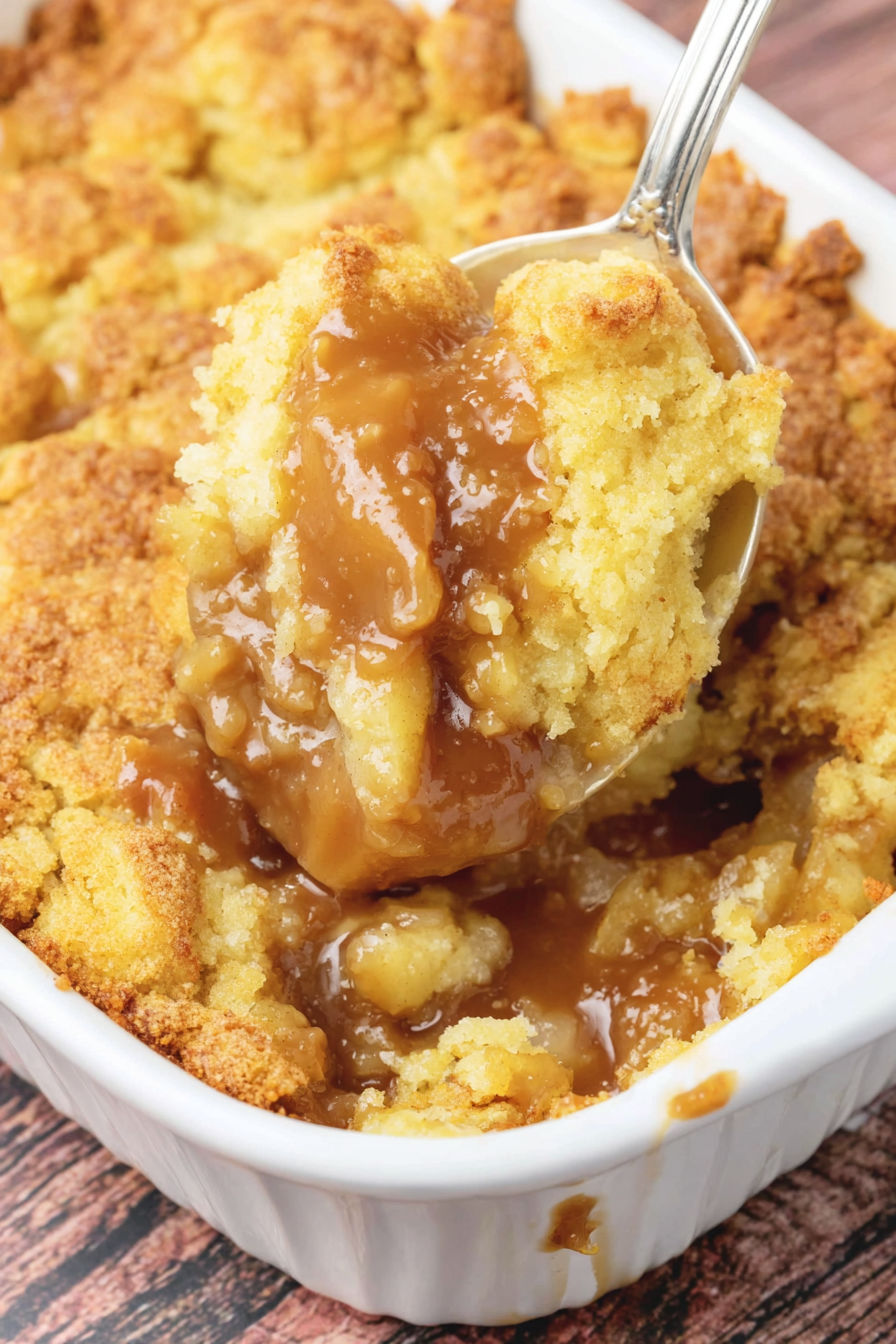 A spoonful of caramel apple dump cake.