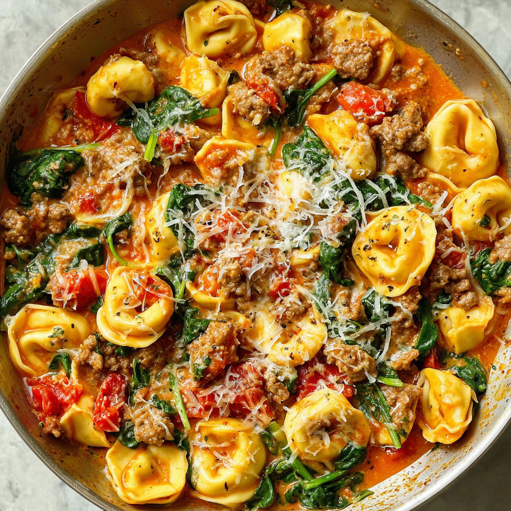 A skillet filled with pasta and meat.