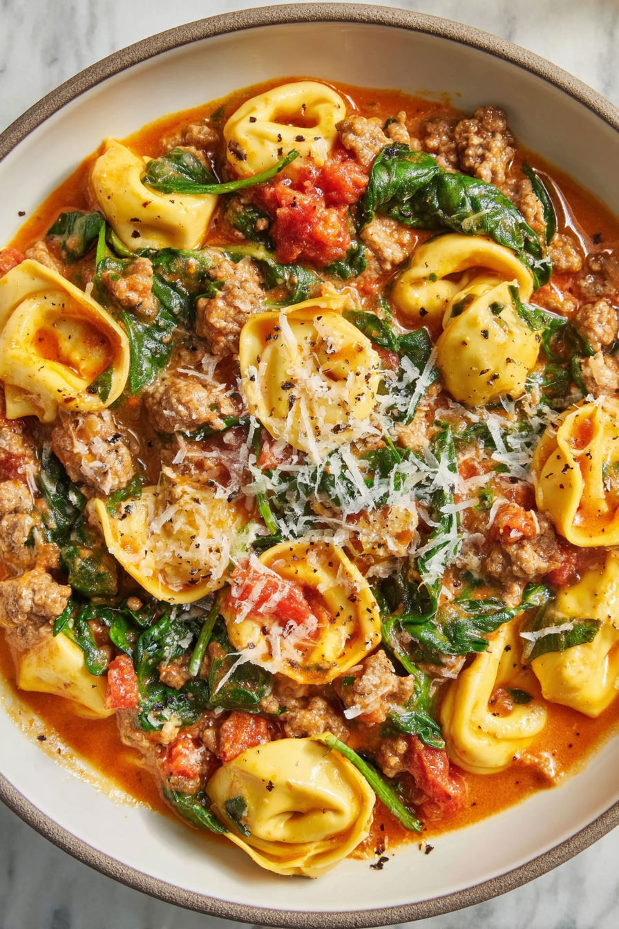 A close up of a delicious Italian sausage and cheese tortellini skillet.
