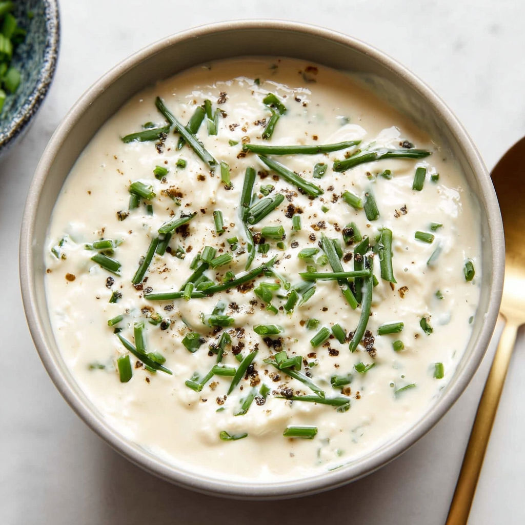 A bowl of creamy horseradish sauce with green herbs.