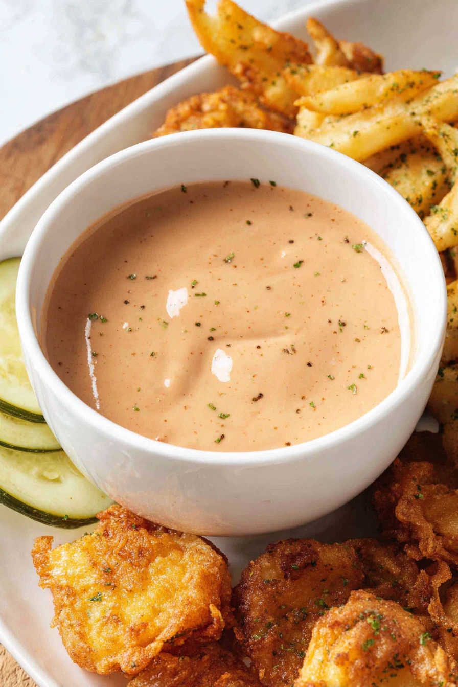 A bowl of fry sauce with a spoon in it.