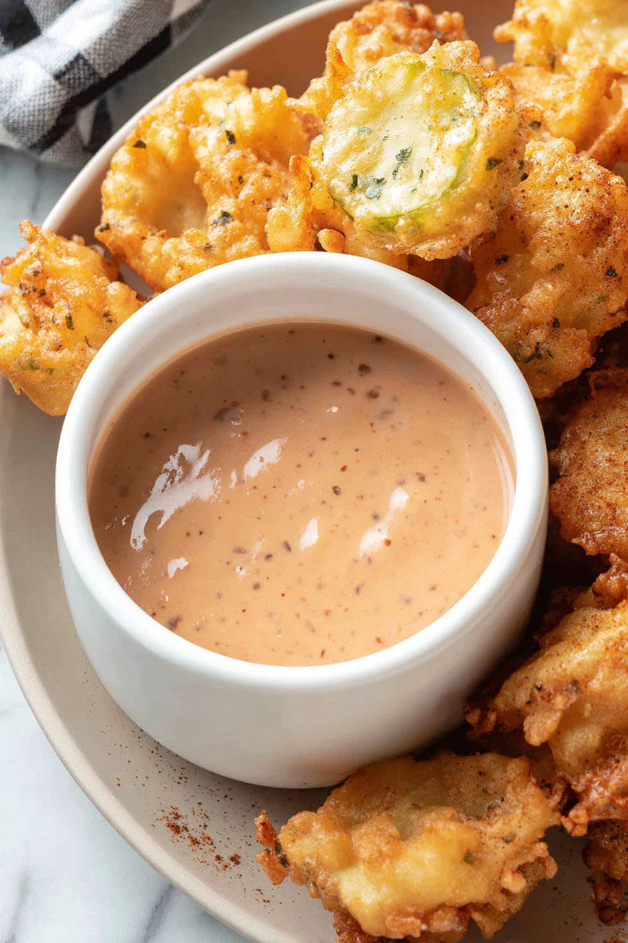 A bowl of fried food with a dipping sauce.