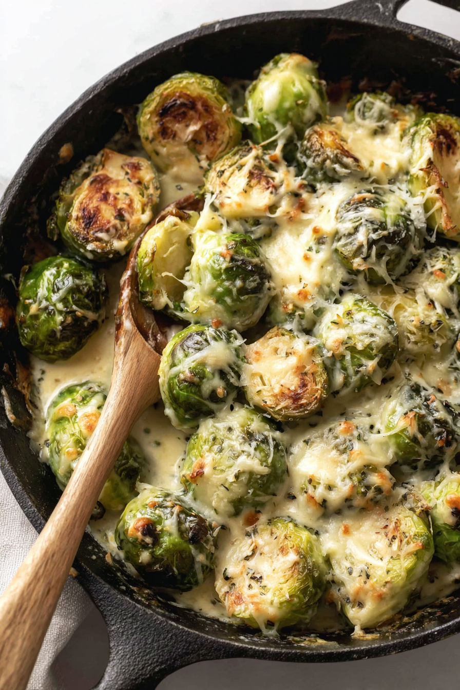 A close up of a dish with Brussels sprouts and cheese.