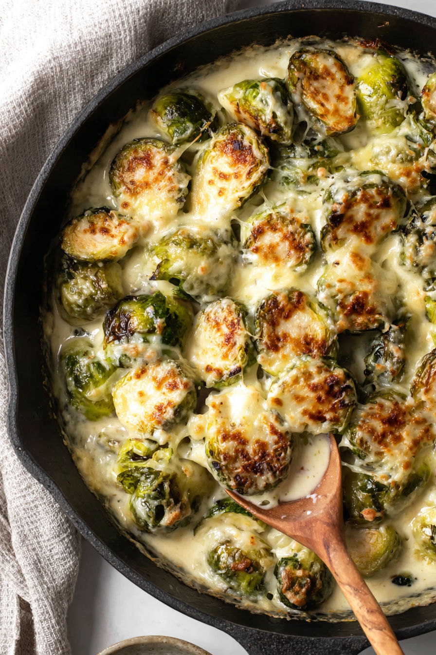 A close up of a dish with Brussels sprouts and cheese.