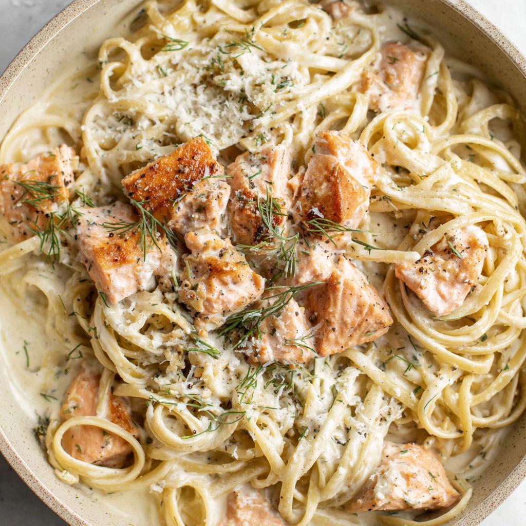 A bowl of pasta with salmon and dill.
